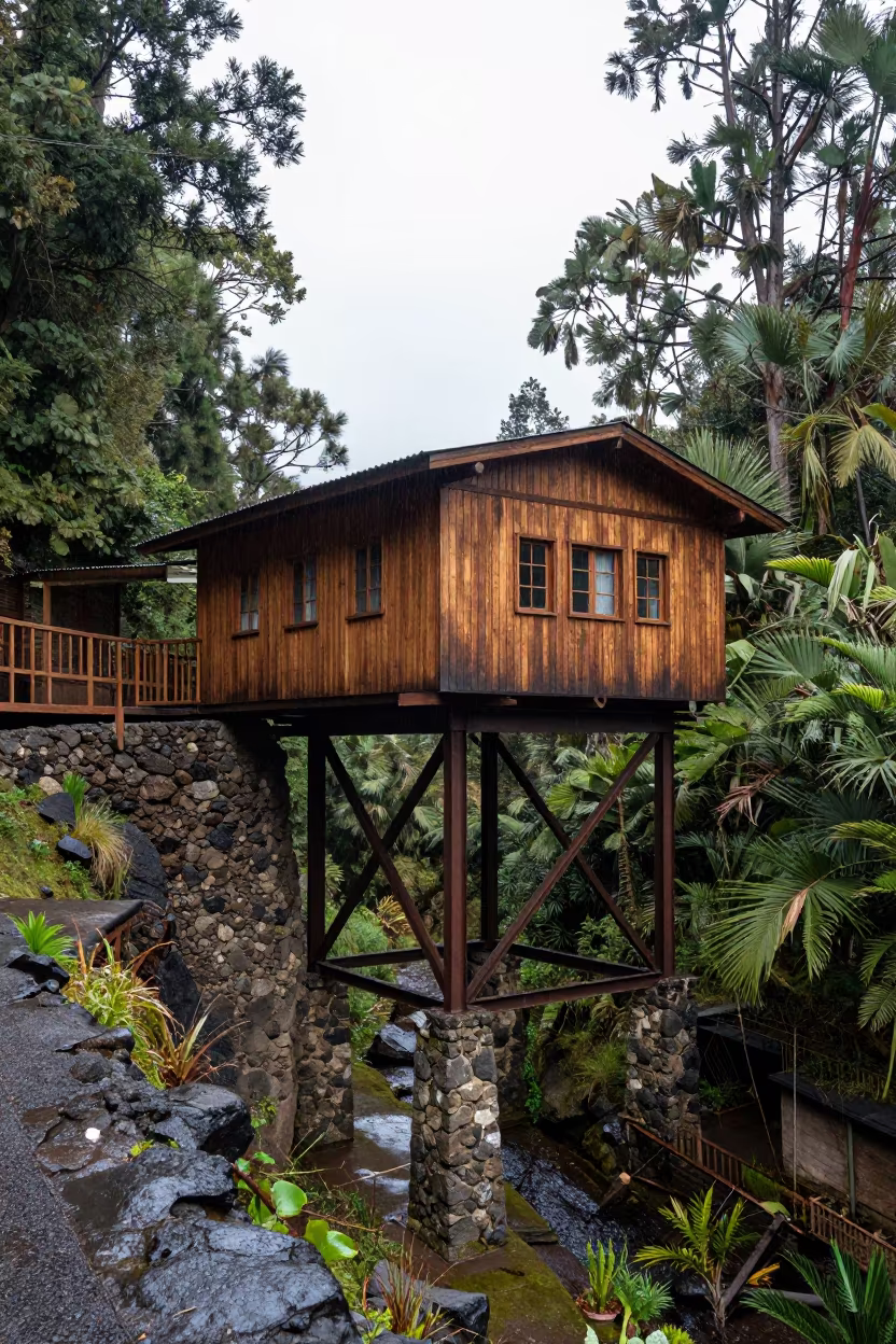 Cantilevered House Over Ravine Inside Train Terminal in inside a restored train terminal in Arequipa