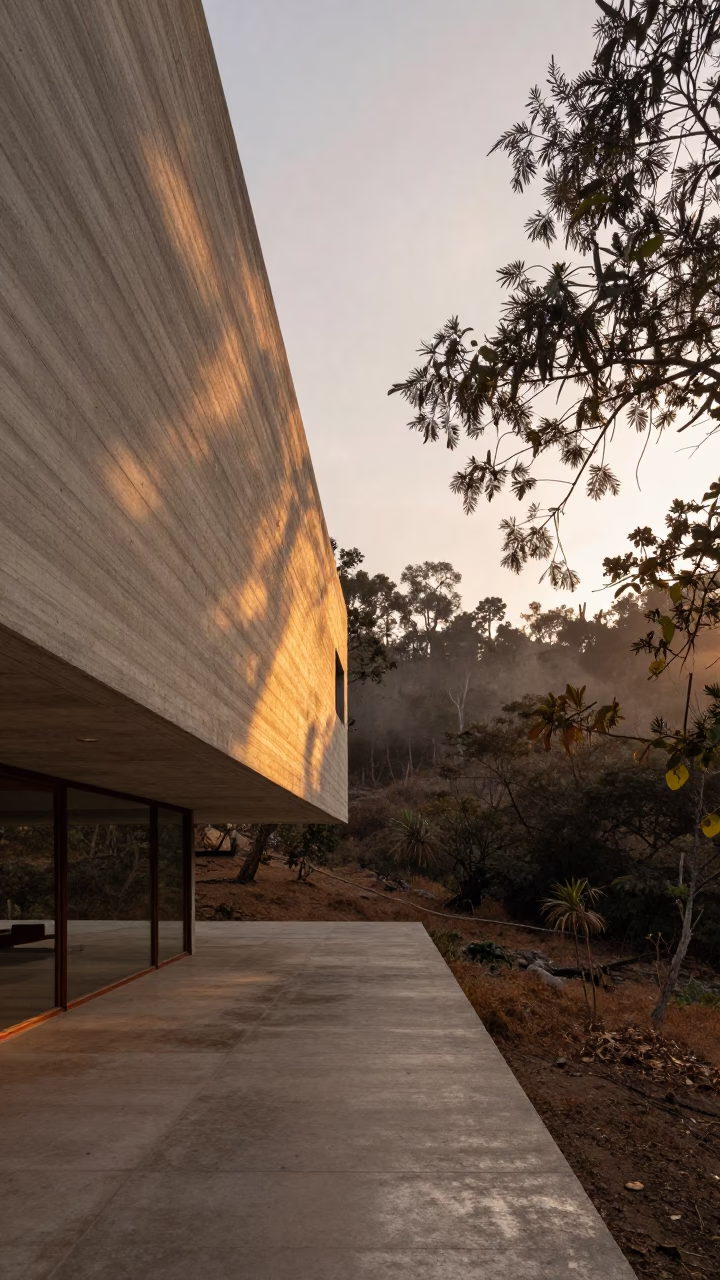 Cantilevered House Over Wooded Ravine at Sunset in inside a ribbed concrete lobby in Retalhuleu