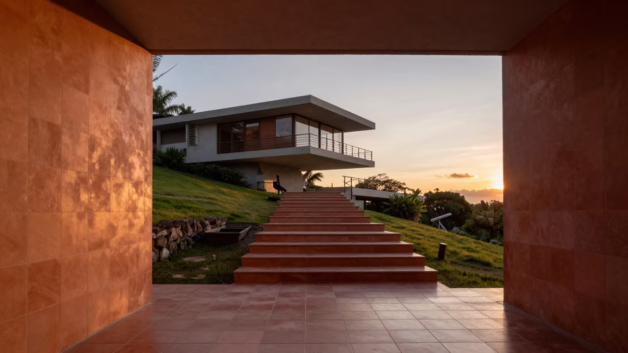 Cantilevered Modern House Over Hillside Tiled Stair Hall in inside a tiled stair hall in Tinaquillo