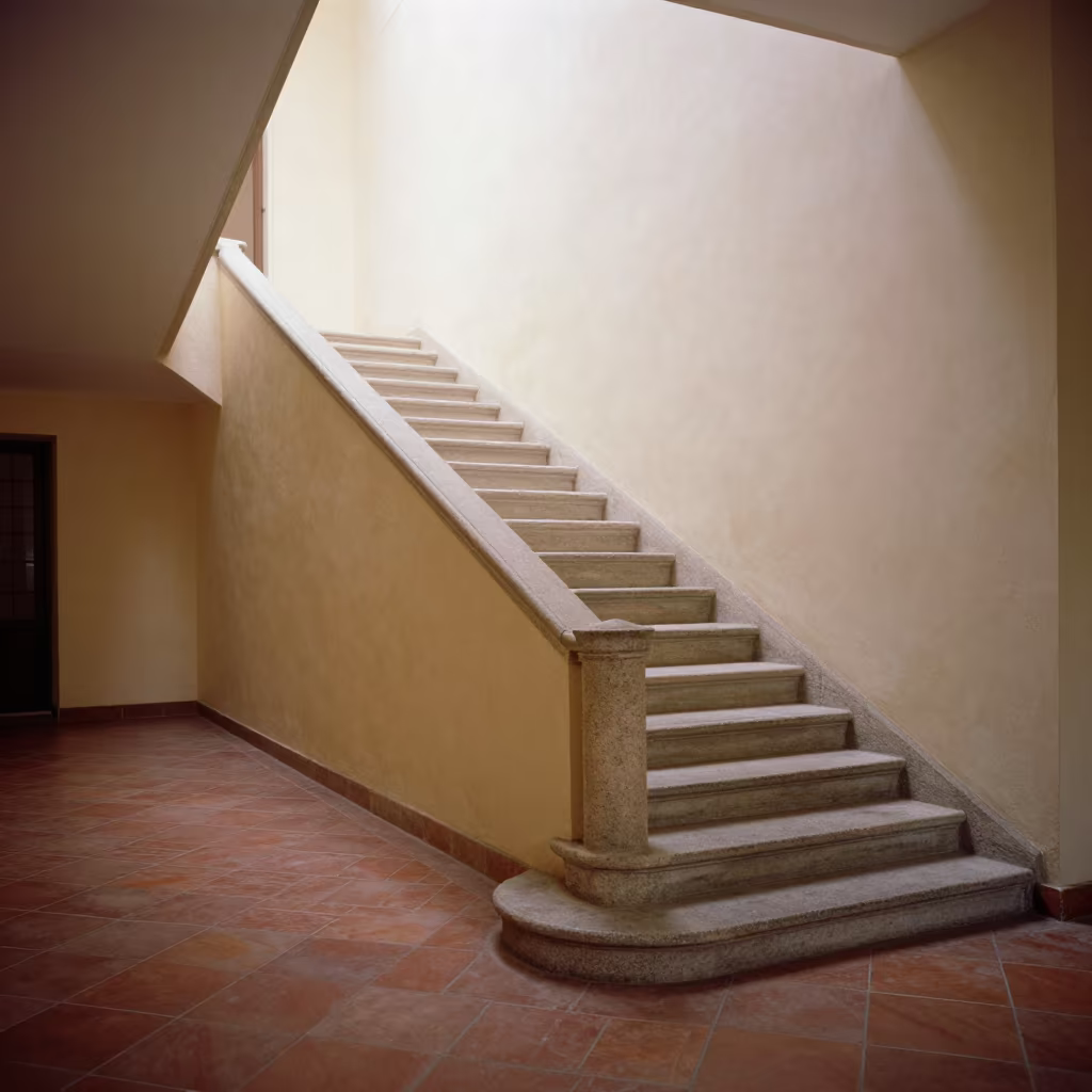 Cantilevered Stone Staircase in Renaissance Palazzo Hall in inside a tiled stair hall in Sendai