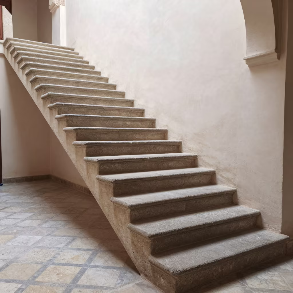 Cantilevered Stone Staircase Renaissance Palazzo Meknes in inside a tiled stair hall near Meknes