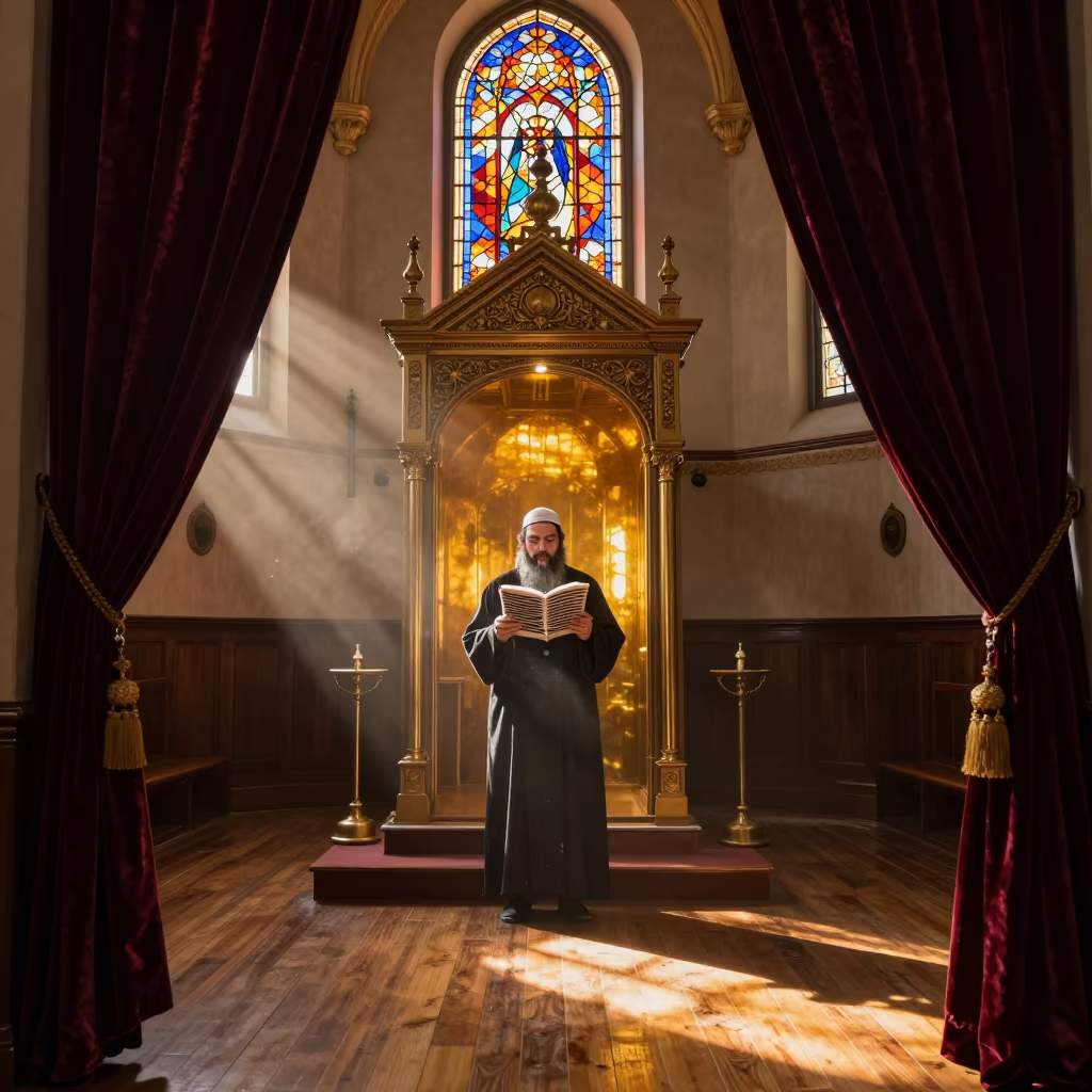 Cantor Chanting Torah in Autumn Synagogue Sanctuary in inside a synagogue sanctuary in Rosario
