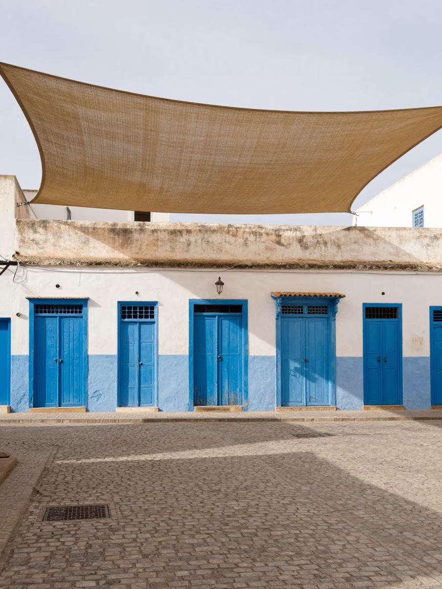Canvas Awning in Essaouira at Noon Light in in Essaouira, Morocco