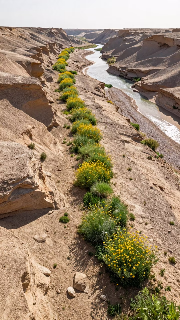 Canyon Floor Wildflowers in Midsummer Glare in along a wave-cut shoreline near Isfahan