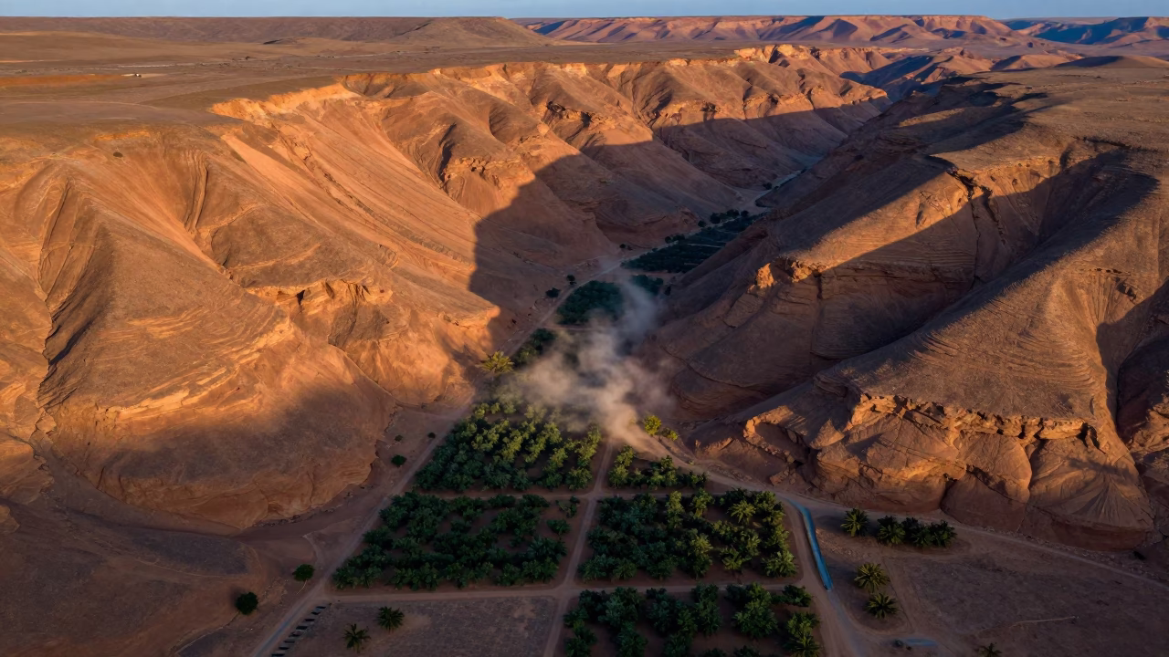 Canyon Shadow on Niger Ochre Plateau in far above orchard blocks and irrigation lines in Niger