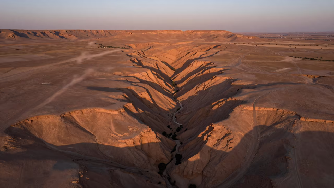 Canyon Shadow Slicing Ochre Plateau Near Isfahan in above dune fields and dry wadis near Isfahan