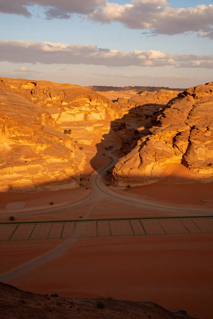 Canyon Shadow Slicing Ochre Plateau Riyadh in high above irrigation geometry near Riyadh