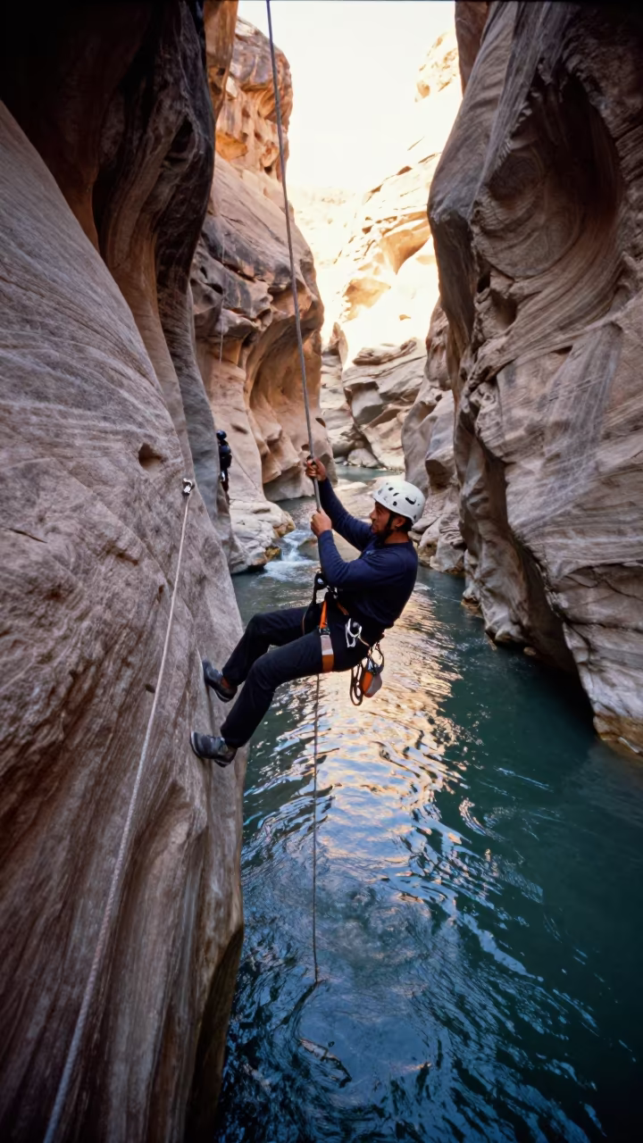 Canyoneer Rappelling Slot Canyon Jeddah Evening in by a riverbank near Jeddah