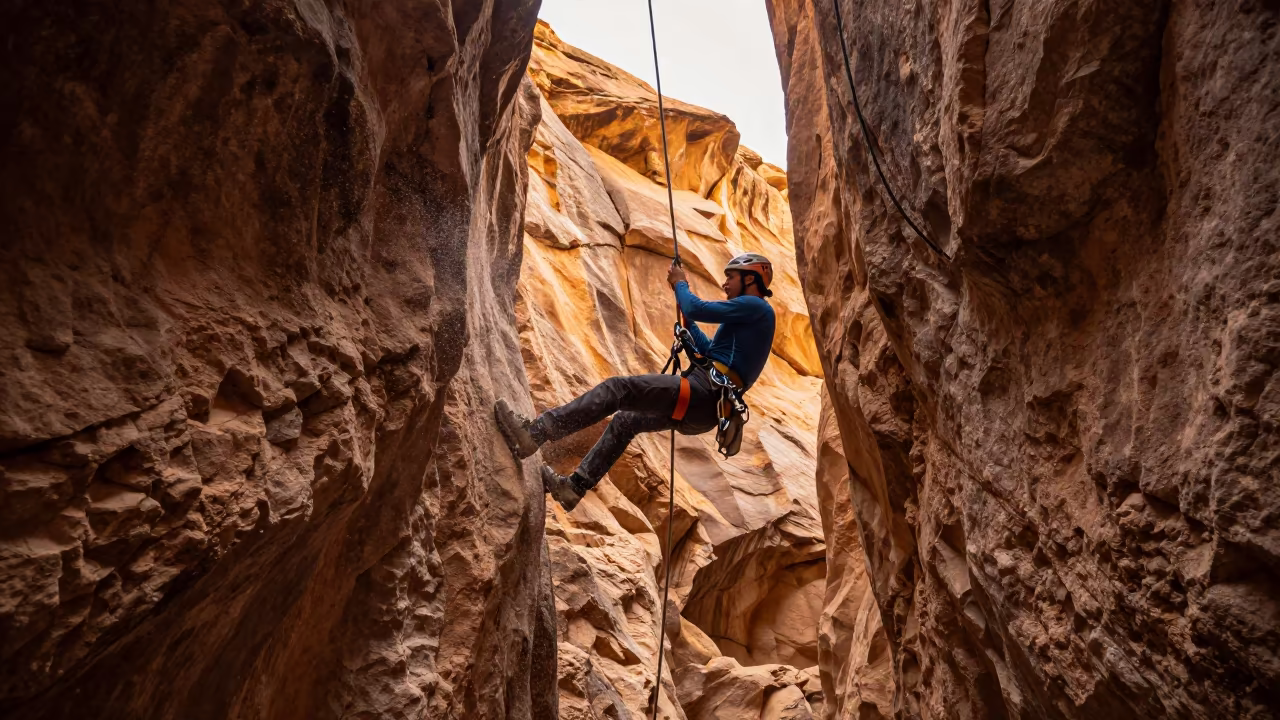 Canyoneer Rappelling Slot Canyon Muscat Golden Hour in on a hillside near Muscat