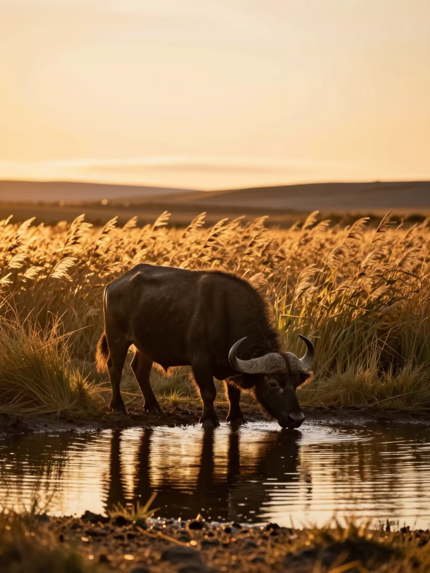 Cape Buffalo in Iceland Amber Sunset Reed Bed in at the edge of a reed bed in Iceland