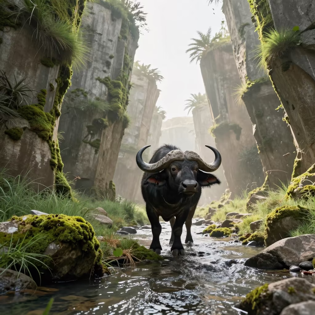 Cape Buffalo in Qatar Glacial Stream in above a glacial stream in Qatar