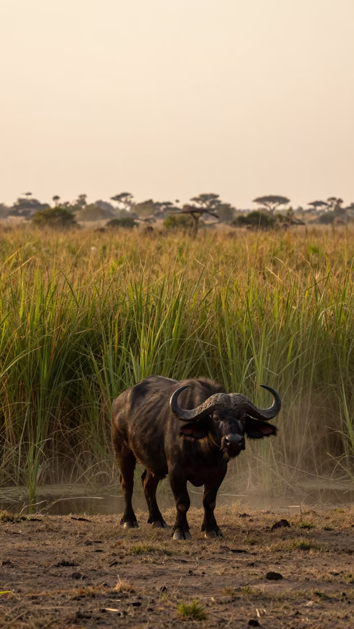 Cape Buffalo at Reed Bed Waterhole Evening in at the edge of a reed bed near Alicante