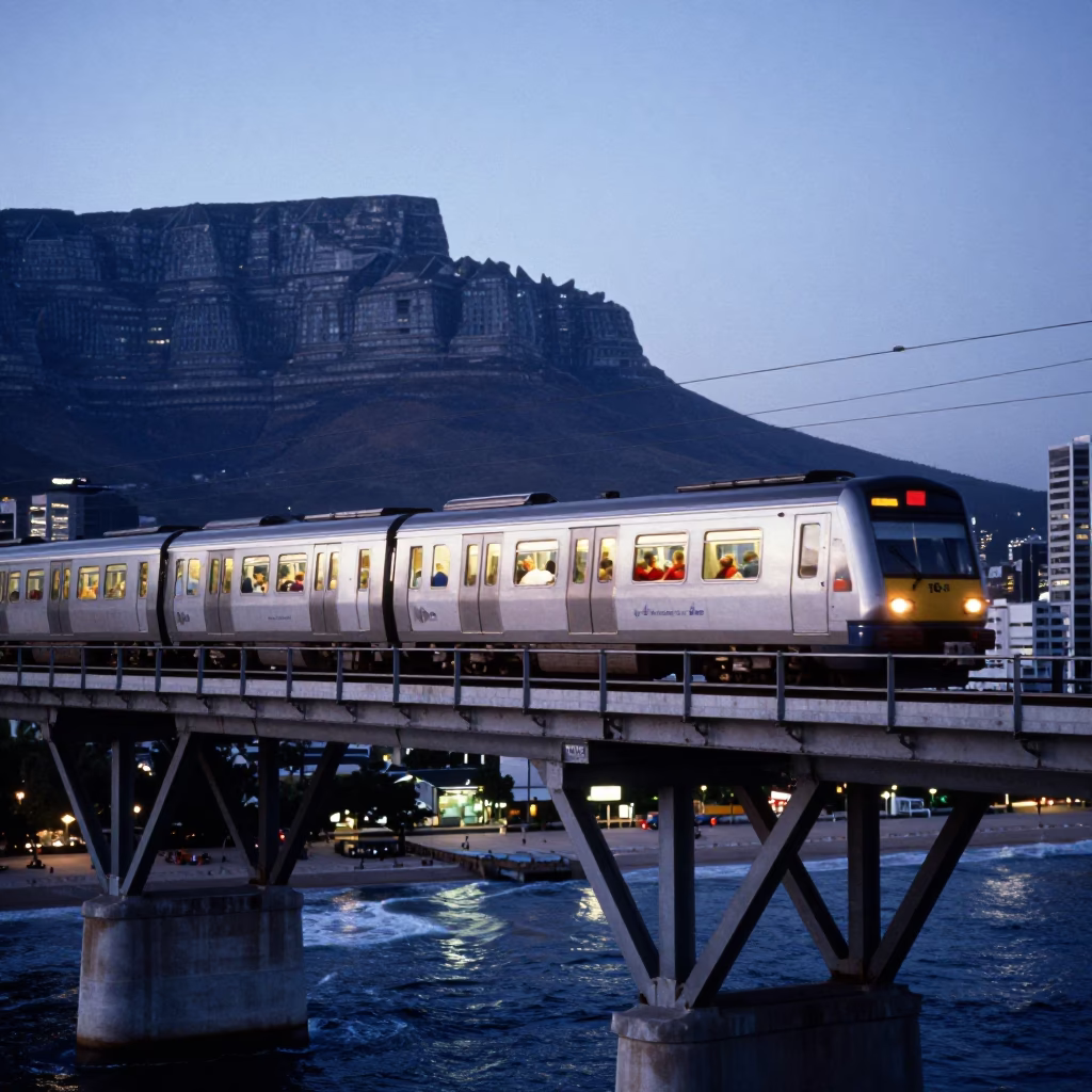 Cape Town Blue Hour Commuter Train Crossing Bridge Over City Lights in in Cape Town, South Africa