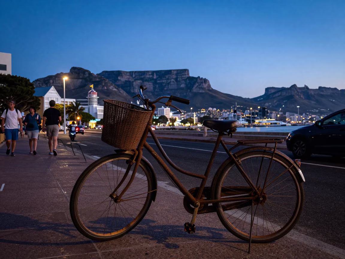 Cape Town Blue Hour Street Scene with Bicycle Basket and Distant Harbor Lights in in Cape Town, South Africa