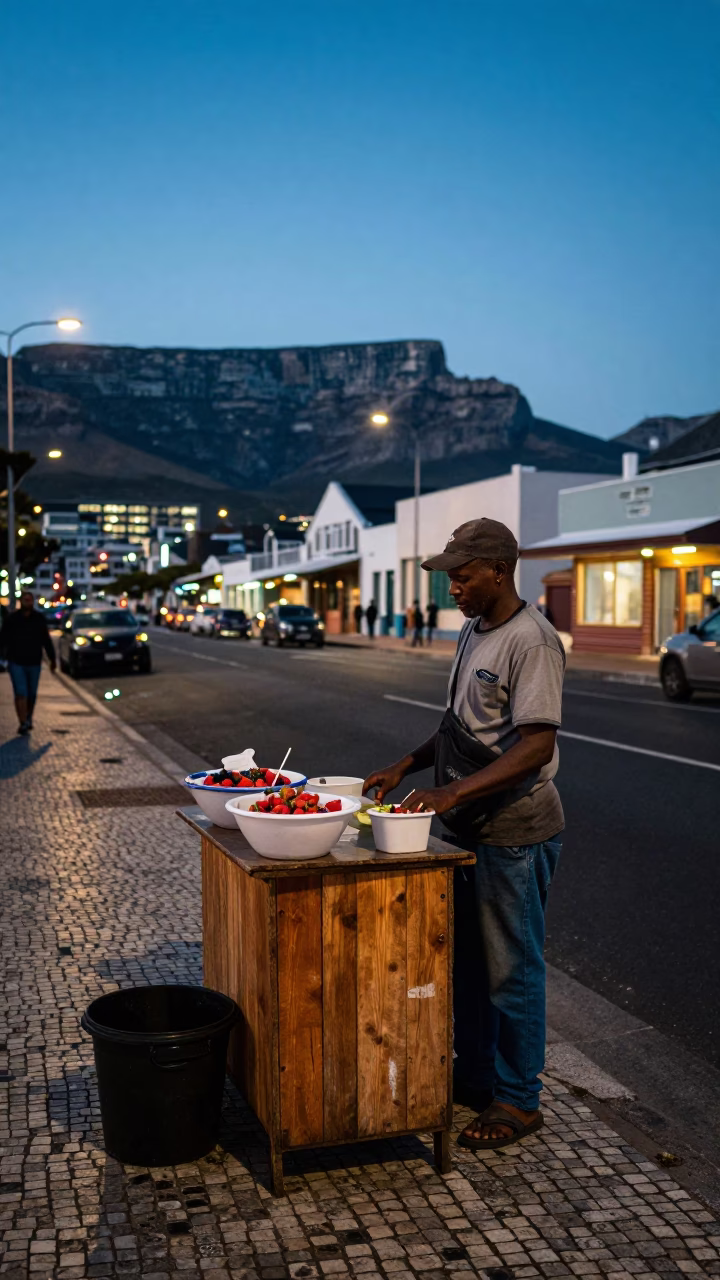 Cape Town Blue Hour Street Scene with Bowl and Strawberries in in Cape Town, South Africa