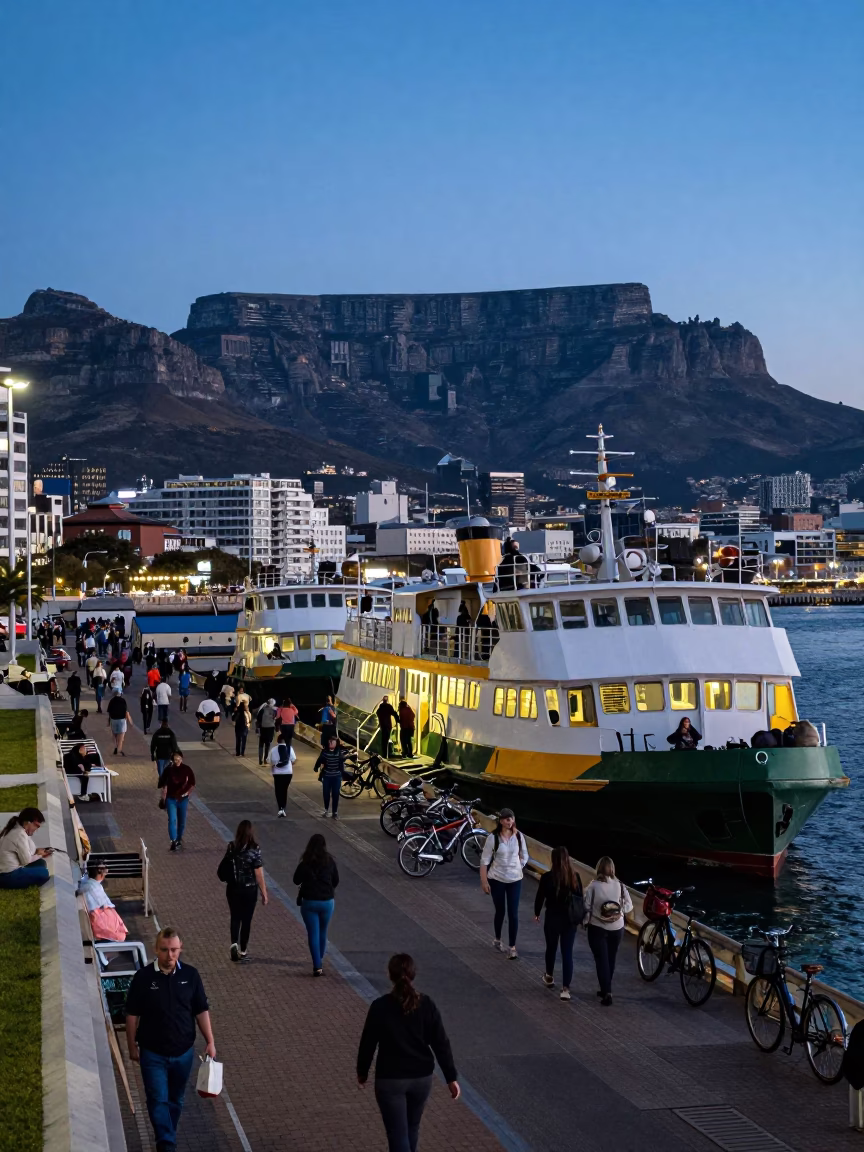 Cape Town Blue Hour Street Scene with Ferry Dock and Urban Activity in in Cape Town, South Africa