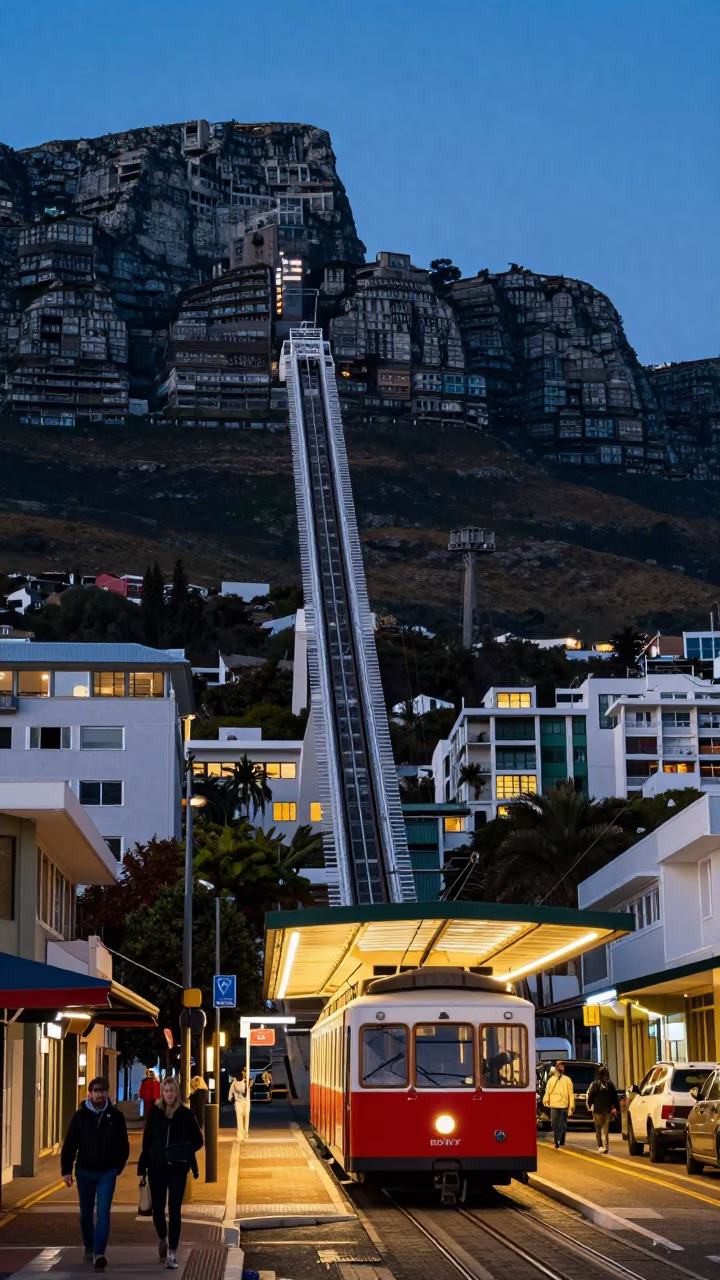 Cape Town Blue Hour Street Scene with Funicular and Local Life in in Cape Town, South Africa