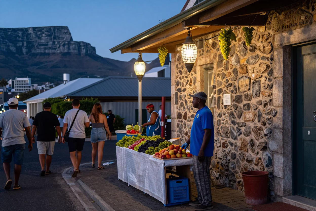 Cape Town blue hour street scene with lantern and grapes in in Cape Town, South Africa