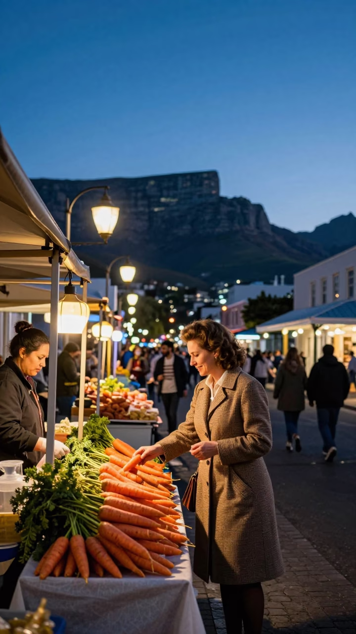 Cape Town Blue Hour Street Scene with Lanterns and Evening Activity in in Cape Town, South Africa