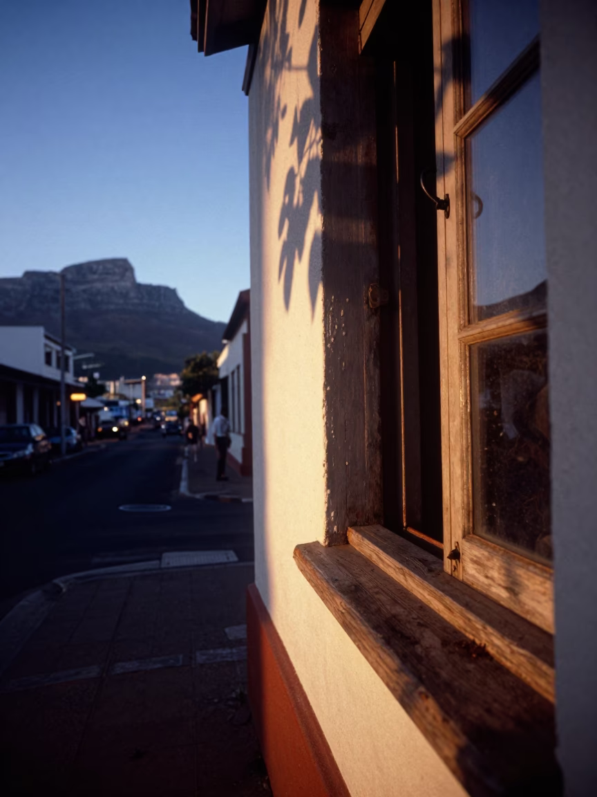 Cape Town Blue Hour Street Scene with Leaf Shadows and Rustic Details in in Cape Town, South Africa