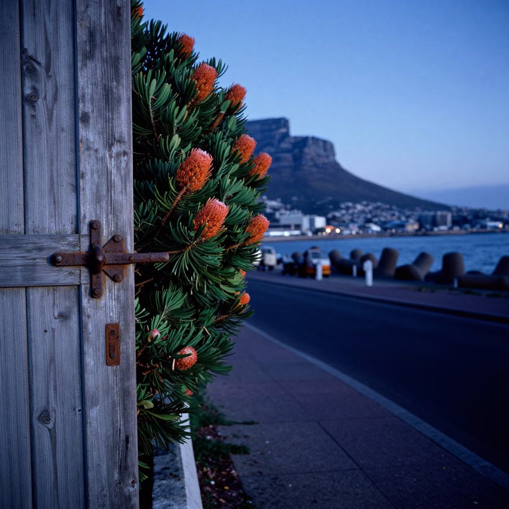 Cape Town Blue Hour Street Scene with Protea Bush and Harbor Breakwater Beacon in in Cape Town, South Africa