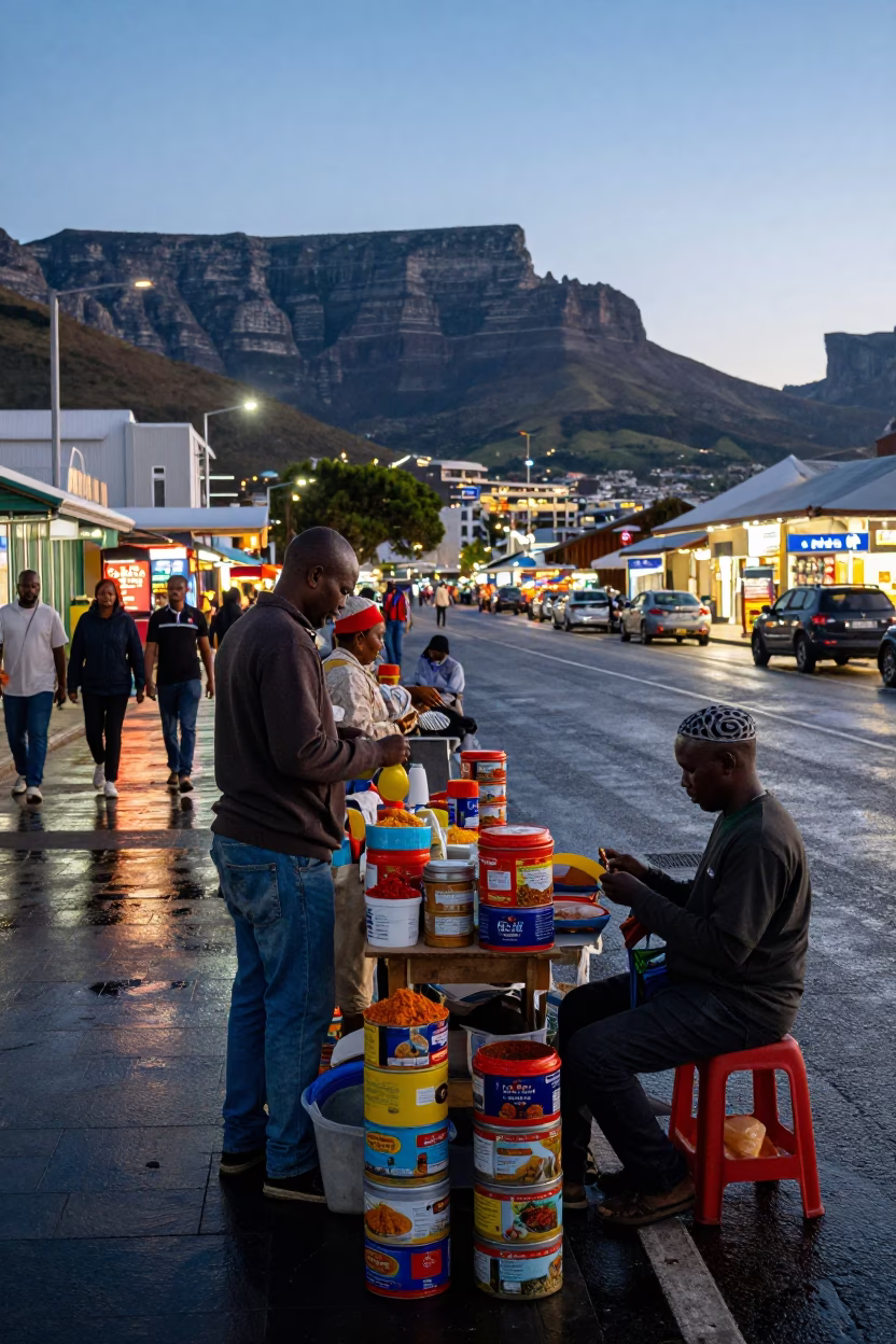 Cape Town Blue Hour Street Scene with Spice Tins and Local Market Activity in in Cape Town, South Africa
