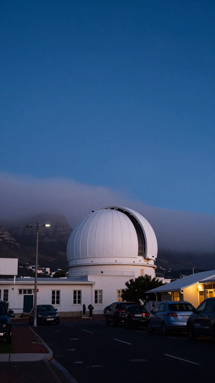 Cape Town Blue Hour Street Scene with Telescope Dome and Coastal Fog in in Cape Town, South Africa