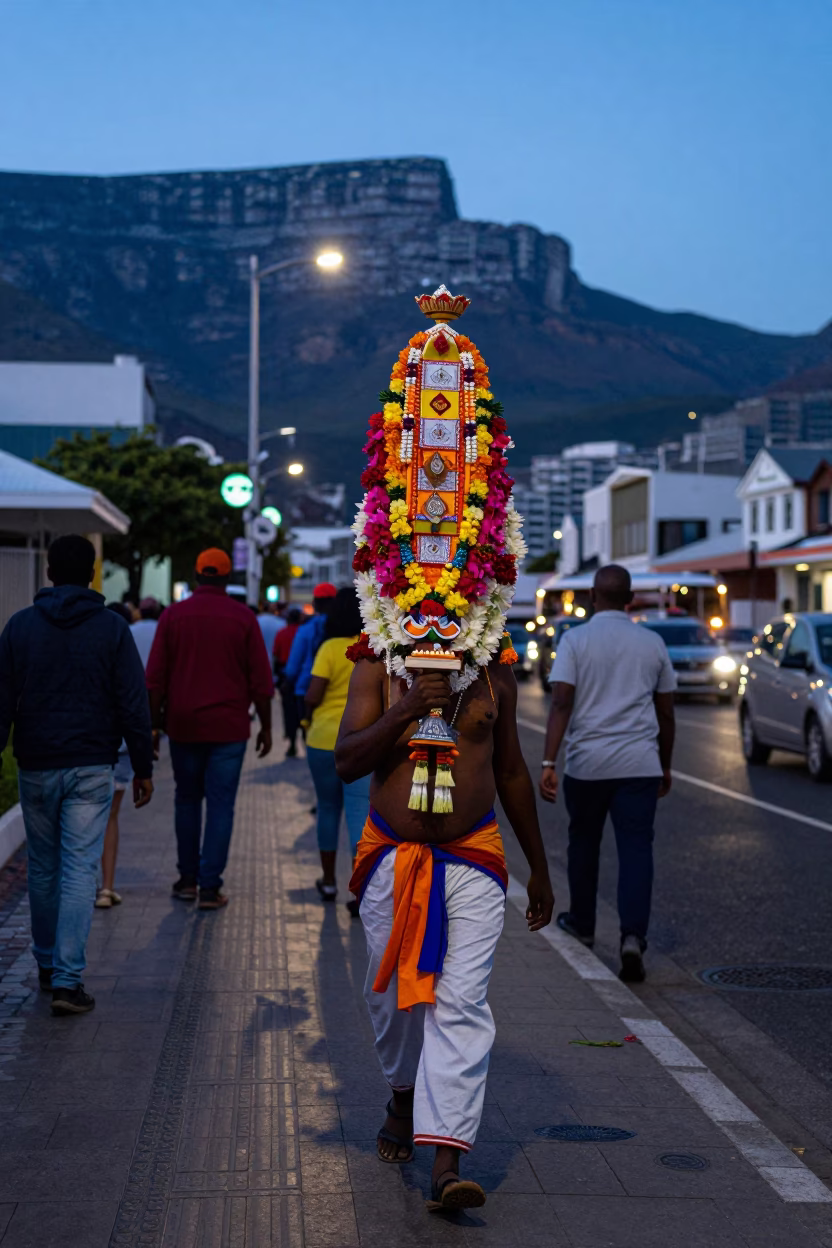Cape Town Blue Hour Street Scene with Thaipusam Devotee and Colorful Attire in in Cape Town, South Africa