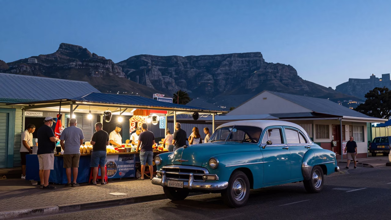 Cape Town Blue Hour Street Scene with Vintage 1950s Car and Local Braai Feast in in Cape Town, South Africa