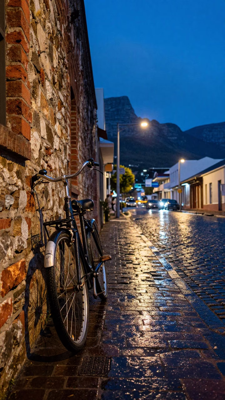 Cape Town Blue Hour Street Scene with Vintage Bicycle and Rain-Slicked Pavement in in Cape Town, South Africa