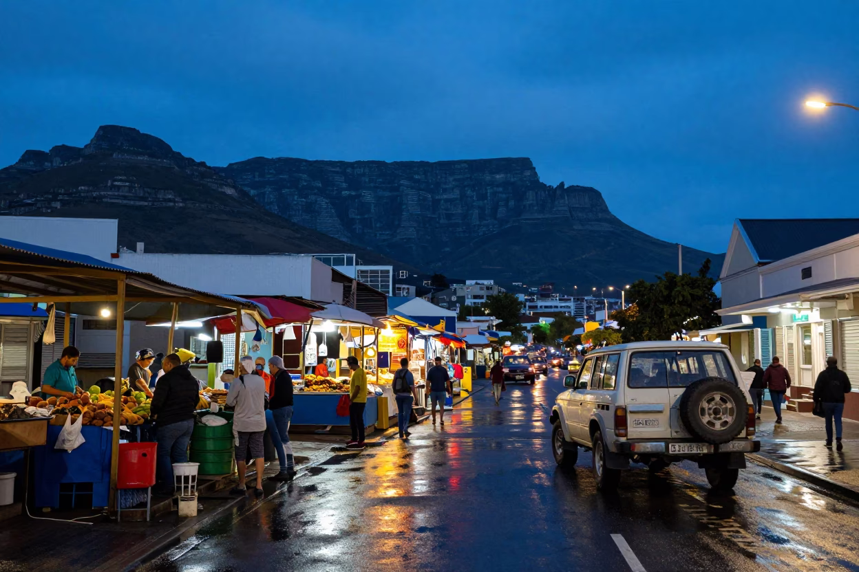 Cape Town Blue Hour Street Scene with Vintage SUV and Local Market Activity in in Cape Town, South Africa
