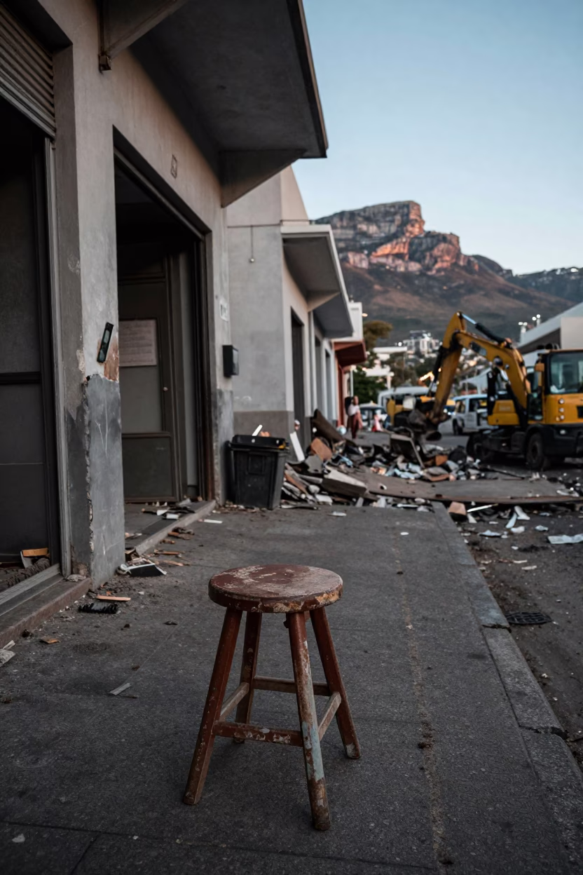 Cape Town Blue Hour Street Scene with Vintage Work Stool and Demolition Dumpster in in Cape Town, South Africa