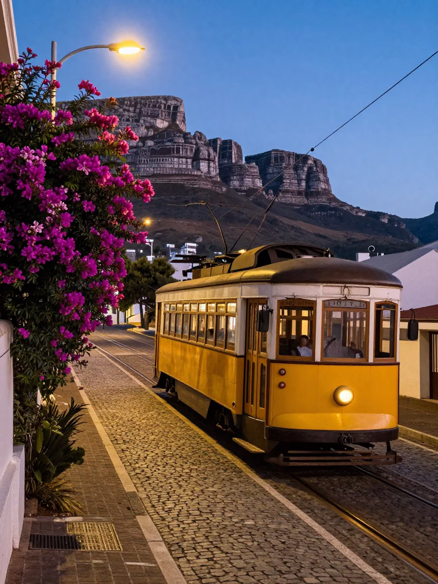 Cape Town Blue Hour Tram Ride Up Steep Hill with Plumbago Hedge in in Cape Town, South Africa