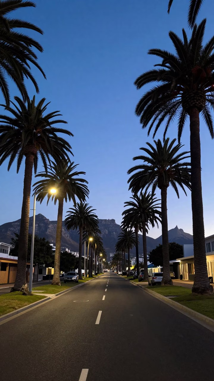 Cape Town Boulevard Palm Tree Avenue Before Sunrise Cool Stillness in in Cape Town, South Africa