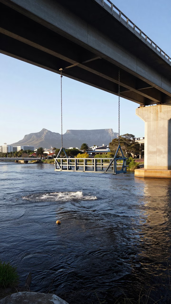 Cape Town Bridge Maintenance Cradle Hanging Over Cold River Water Late Morning in in Cape Town, South Africa