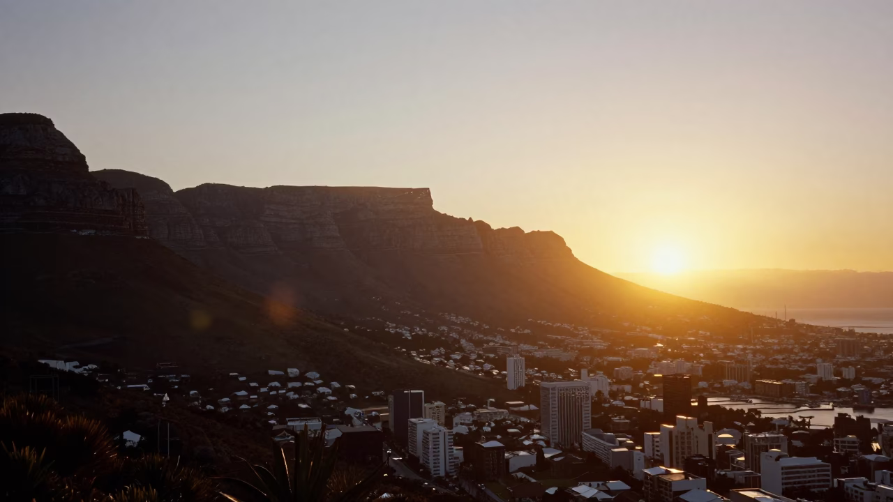 Cape Town City Lights at As The Sun Drops Toward The Horizon in in Cape Town, South Africa