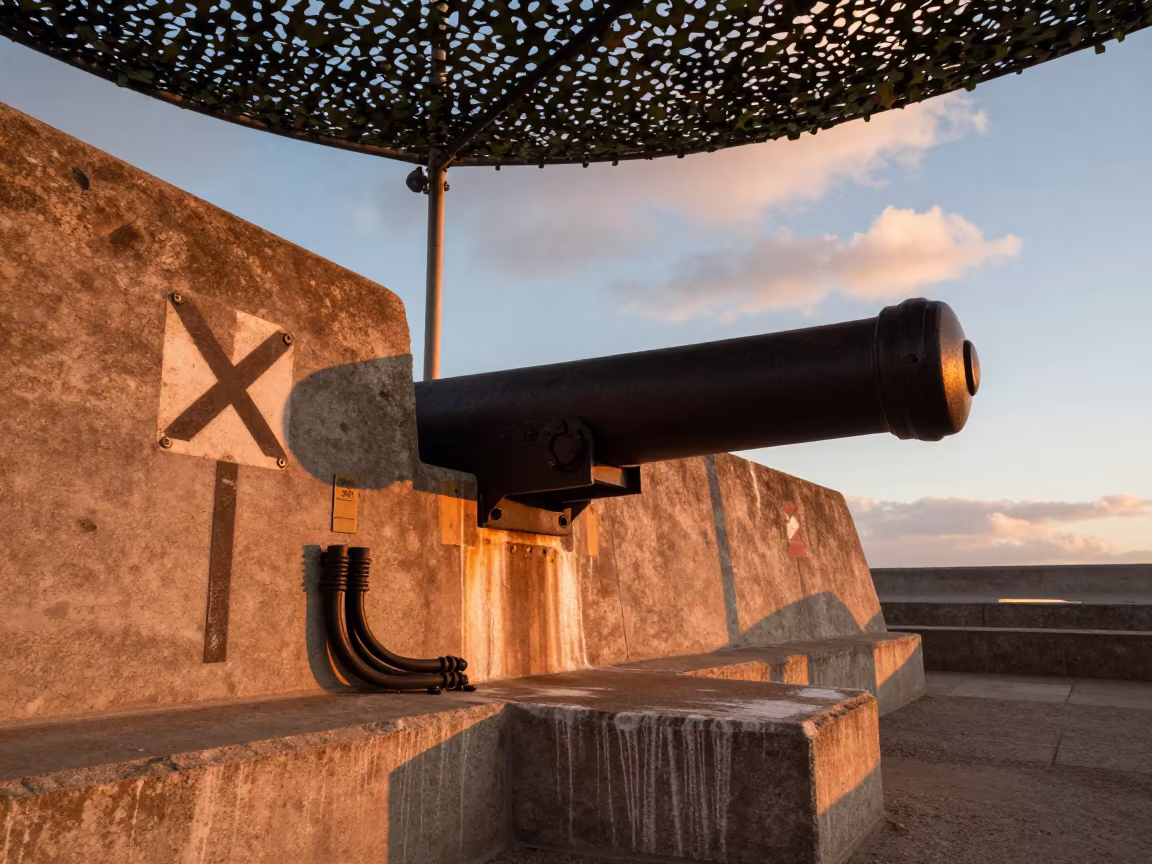 Cape Town Coastal Battery at Sunset in beneath a camouflage net shelter in Cape Town
