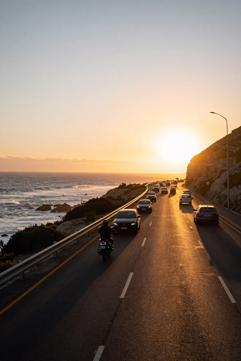 Cape Town Coastal Highway Sunset Motorcycle Traffic Golden Hour Realistic Street Scene in in Cape Town, South Africa