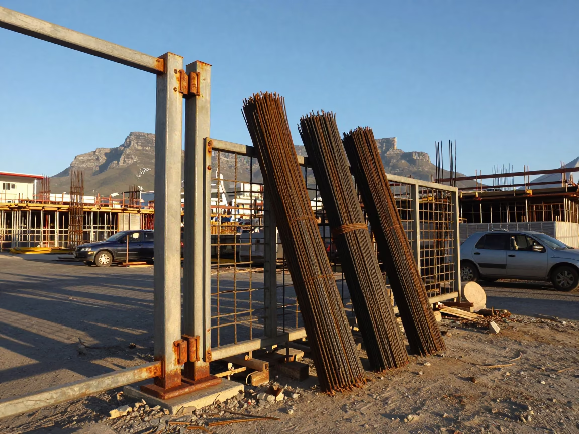 Cape Town Construction Site with Rebar Bundles and Elevator Gate in Late Afternoon Light in in Cape Town, South Africa