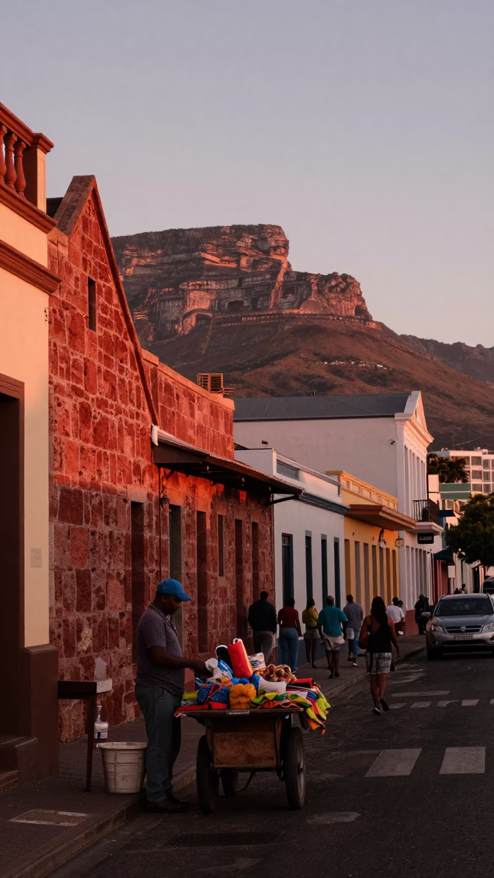 Cape Town Copper Sunset Street Scene with Local Vendor and Vintage Details in in Cape Town, South Africa