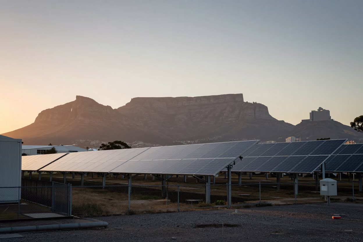Cape Town Dawn Light on Solar Array and Substation Fence with Dew in in Cape Town, South Africa