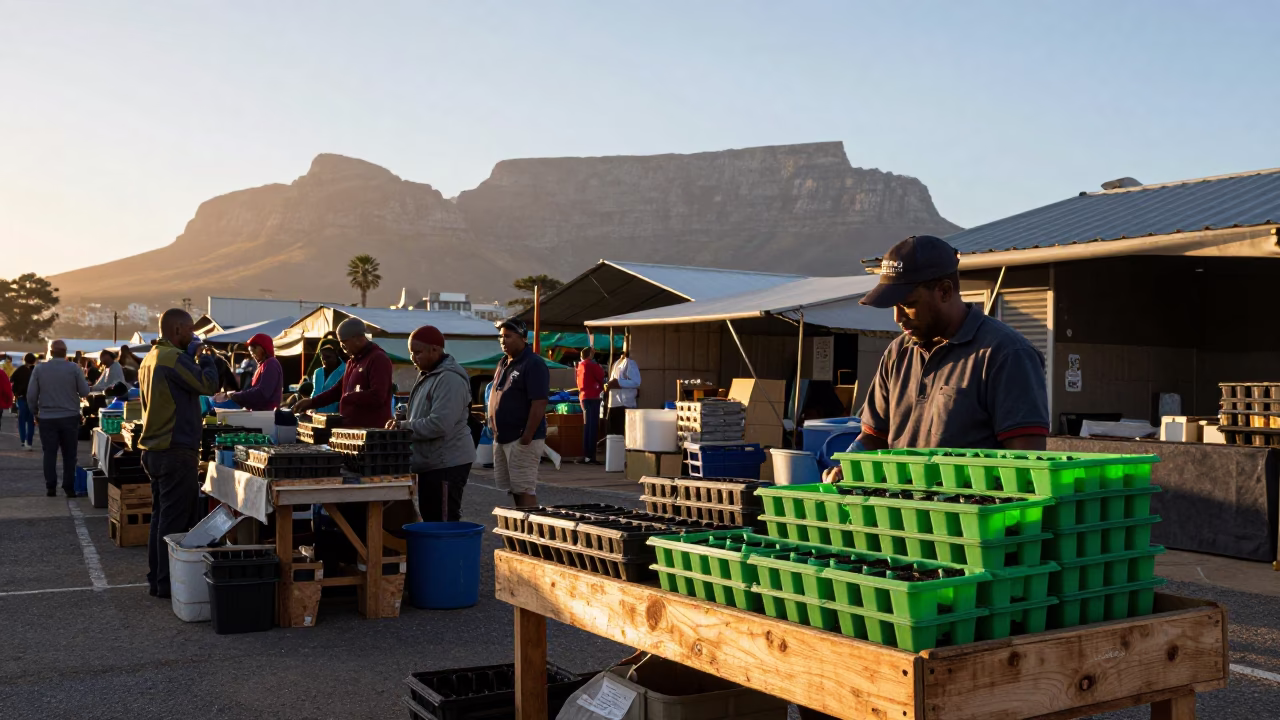 Cape Town Dawn Market Stall with Seed Trays and Local Produce in in Cape Town, South Africa
