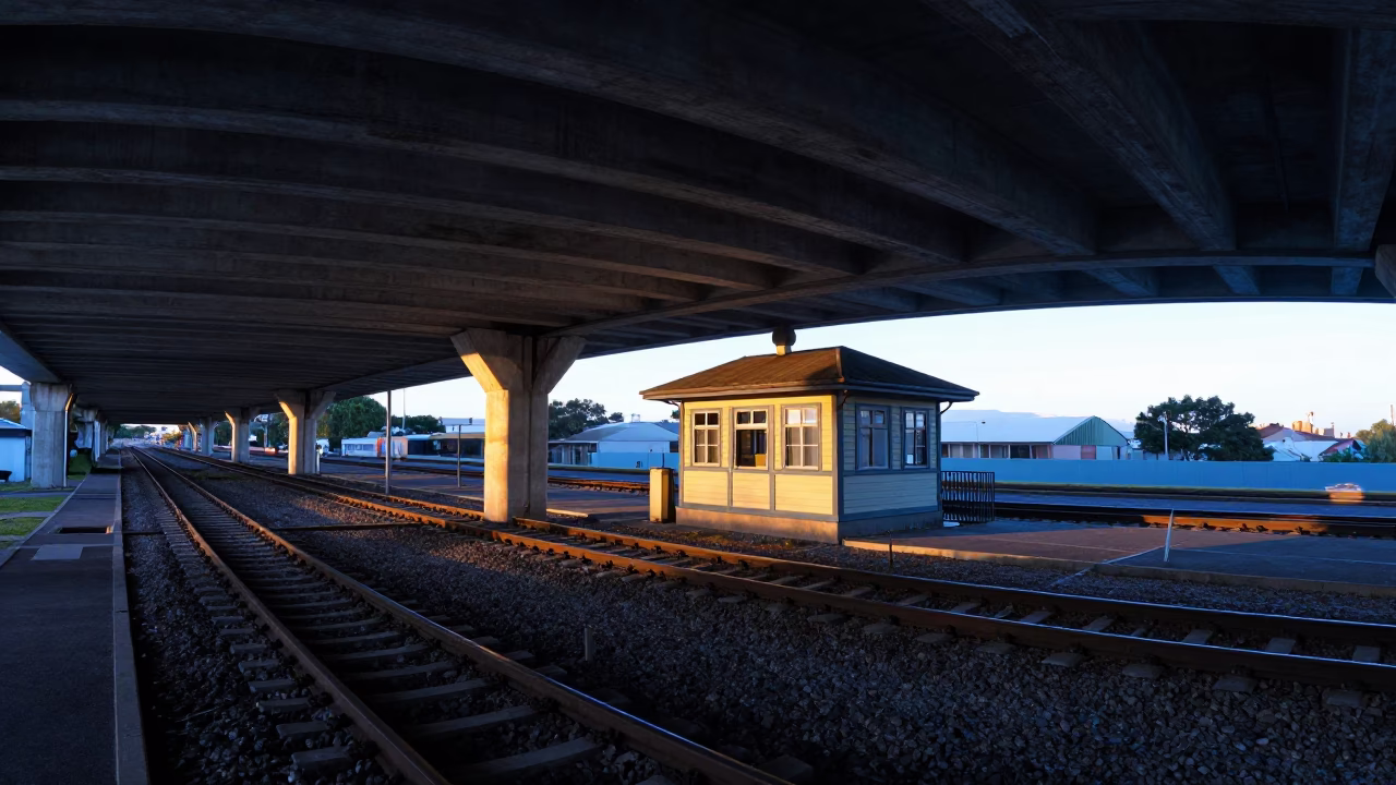 Cape Town Dawn Railway Signal Cabin Beside Switch Tracks Under Concrete Flyover Underside in in Cape Town, South Africa