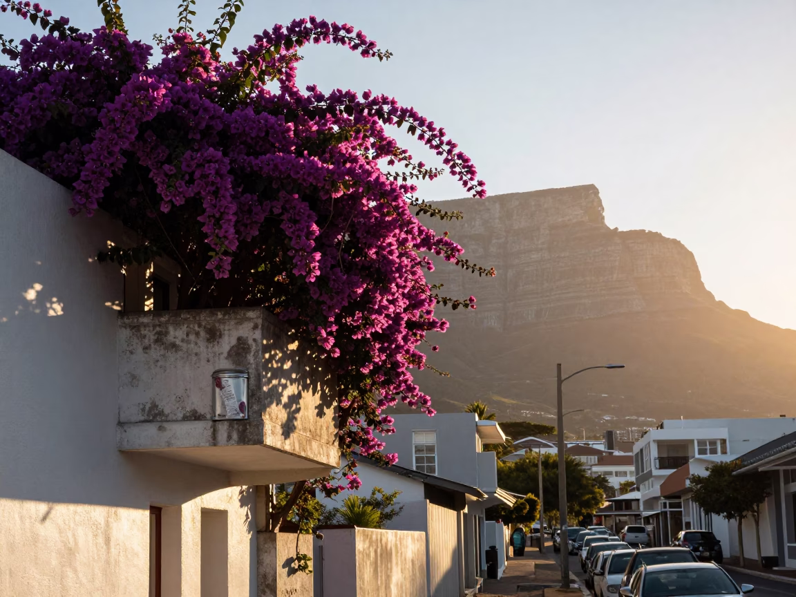 Cape Town Dawn Street Scene with Bougainvillea and Tiffin Tin on Balcony in in Cape Town, South Africa