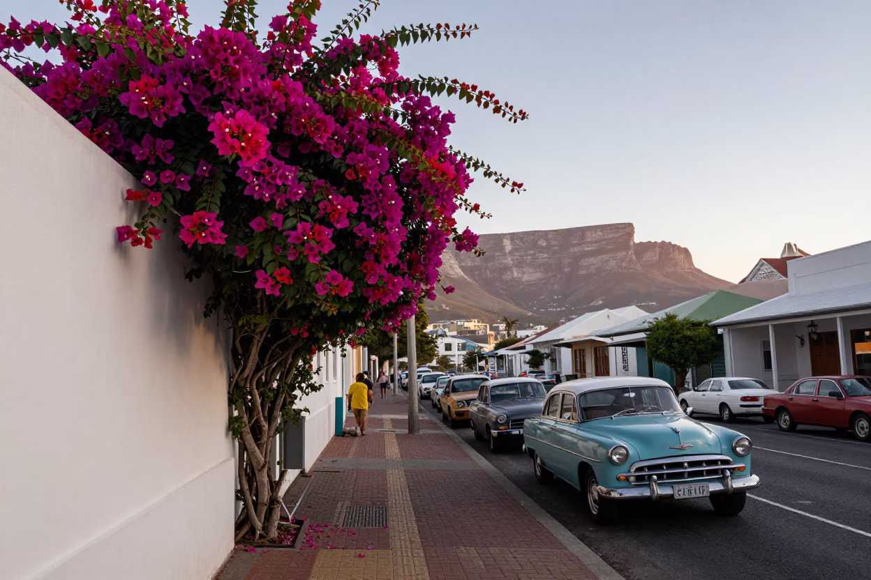 Cape Town Dawn Street Scene with Bougainvillea and Vintage Cars at First Light in in Cape Town, South Africa