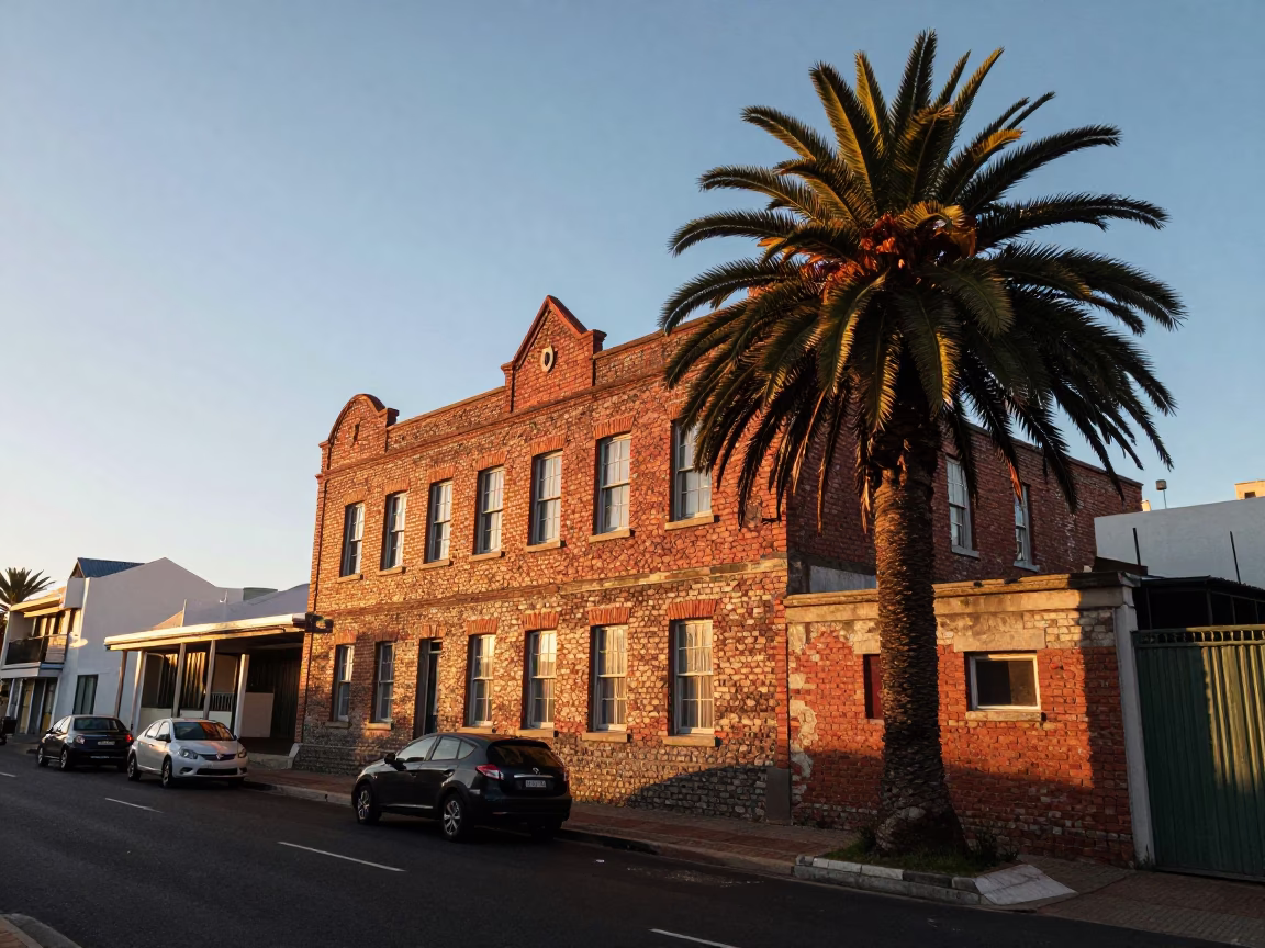 Cape Town Dawn Street Scene with Date Palm and Local Market Activity in in Cape Town, South Africa
