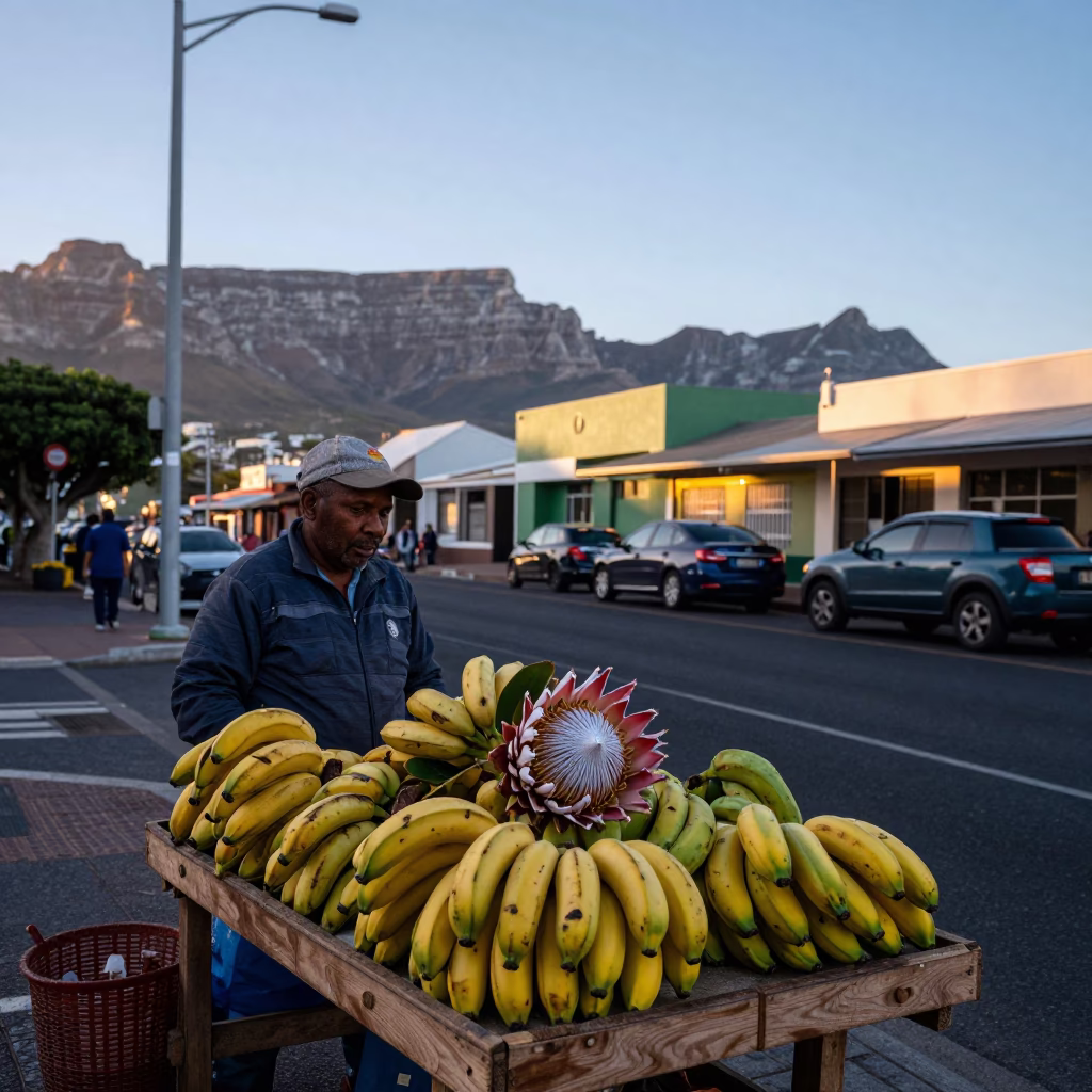 Cape Town dawn street scene with fruit vendor and protea bloom in in Cape Town, South Africa