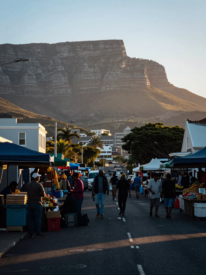 Cape Town Dawn Street Scene with Local Market Vendor and Coffee Grinder in in Cape Town, South Africa