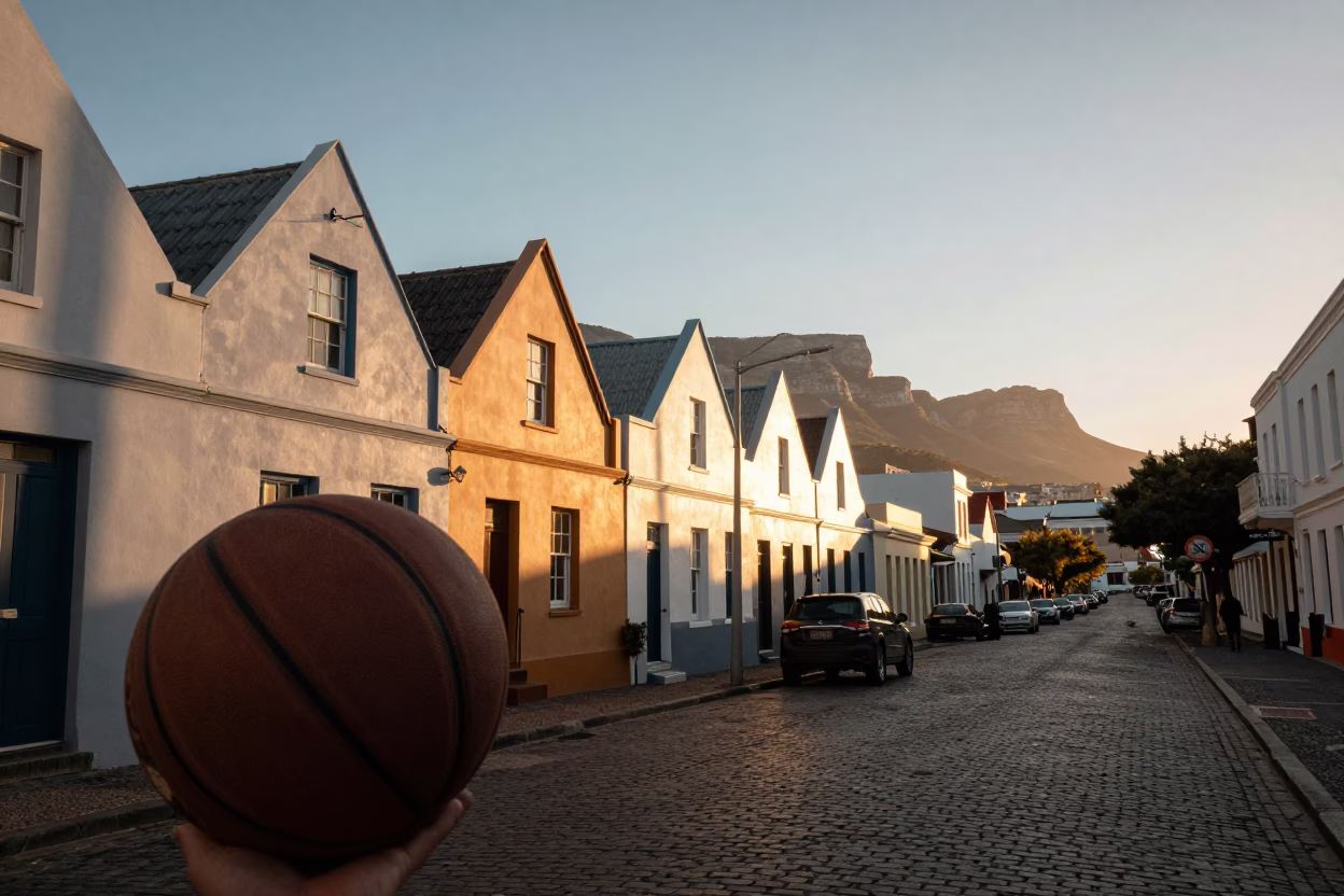Cape Town Dawn Street Scene with Old Leather Basketball and Sundial in in Cape Town, South Africa