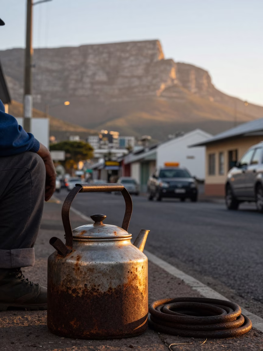Cape Town Dawn Street Scene with Rusty Kettle and Coiled Rope in in Cape Town, South Africa